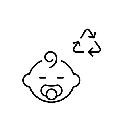 Baby with pacifier and recycling arrows. Sustainable parenting, eco-friendly child products. Pixel perfect, editable stroke vector iconのイラスト素材
