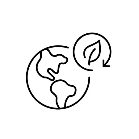 Earth and leaf in renew arrow. Global responsibility in environmental care. Pixel perfect, editable stroke vector iconのイラスト素材