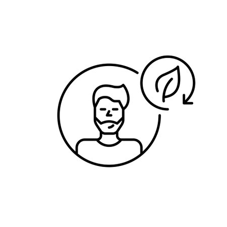 Bearded man user avatar with leaf in recycling arrow. Eco-friendly identity, sustainable and mindful living. Pixel perfect, editable stroke vector iconのイラスト素材