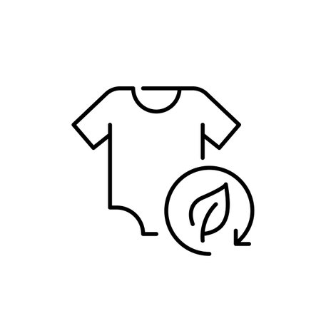 Baby onesie and leaf in recycling arrow. Organic, eco-friendly children apparel. Sustainable living. Pixel perfect, editable stroke vector iconのイラスト素材