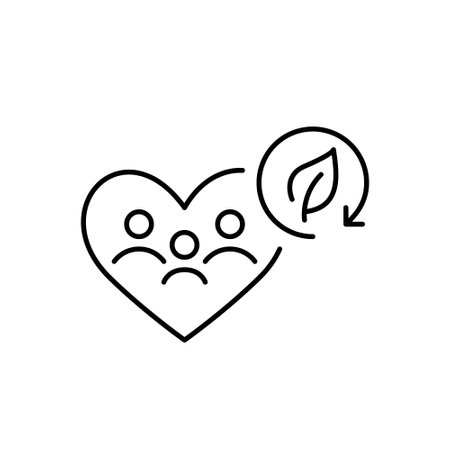 Family of three in heart and leaf in recycling arrow. Eco-friendly household, sustainable living, zero waste. Pixel perfect, editable stroke vector iconのイラスト素材