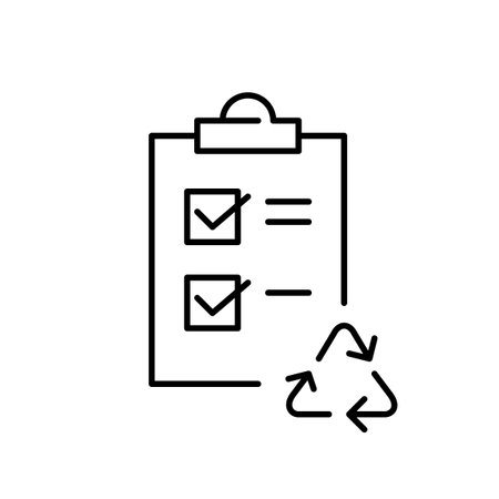 Checklist on clipboard and recycling arrows. Sustainable practices, eco checkup. Pixel perfect, editable stroke vector iconのイラスト素材