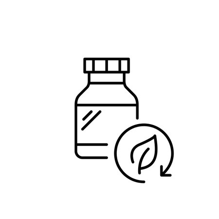 Medication bottle and leaf in recycling arrow. Herbal medicine, eco-friendly supplies. Sustainable health choices. Pixel perfect, editable stroke vector iconのイラスト素材