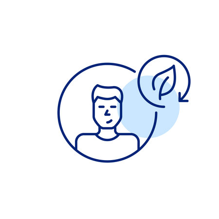 Young man user avatar with leaf in recycling arrow. Eco-friendly identity, sustainable and mindful living. Pixel perfect, editable stroke vector iconのイラスト素材