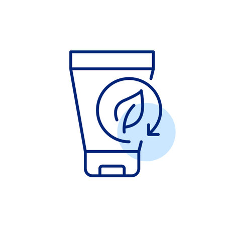 Cosmetics tube and leaf in recycling arrow. Eco-friendly beauty products, natural ingredients and sustainable practices. Pixel perfect, editable stroke vector iconのイラスト素材