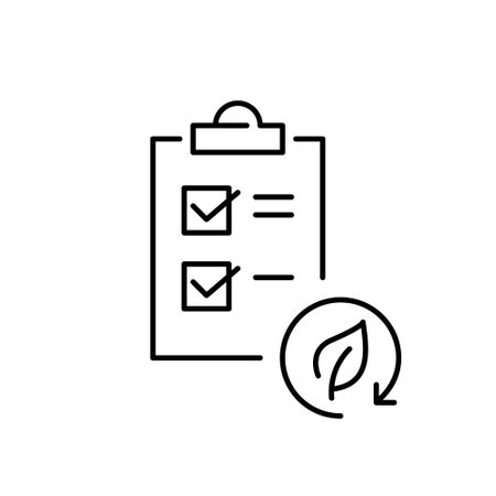 Checklist on clipboard and leaf in recycling arrow. Sustainable task management, eco-conscious organization. Pixel perfect, editable stroke vector iconのイラスト素材