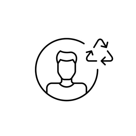 Man user avatar with recycling arrows in triangle. Sustainable technology. Eco-friendly digital engagement, circular use of resources and digital responsibility. Pixel perfect, editable stroke vector iconのイラスト素材