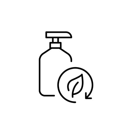Shampoo bottle and leaf in recycling arrow. Sustainable hair care, nature-inspired beauty. Pixel perfect, editable stroke vector iconのイラスト素材
