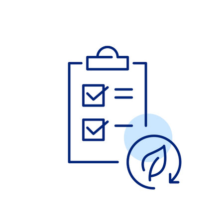Checklist on clipboard and leaf in recycling arrow. Sustainable task management, eco-conscious organization. Pixel perfect, editable stroke vector iconのイラスト素材
