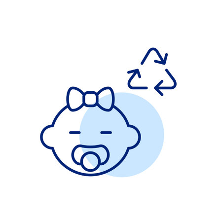 Baby girl with pacifier and recycling arrows. Sustainable parenting, eco-friendly child products. Pixel perfect, editable stroke vector iconのイラスト素材