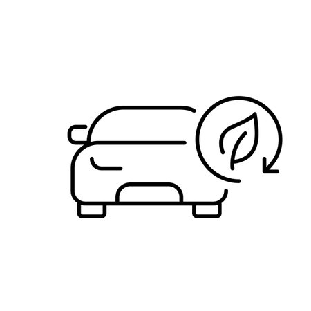 Car and leaf in recycling arrow. Alternative renewable energy sources, green mobility. Eco-conscious vehicles and sustainable commuting. Pixel perfect, editable stroke vector iconのイラスト素材