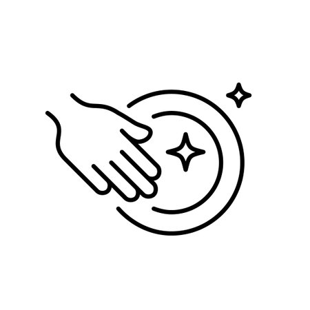 Hand washing dishes and clean stars. Household chores, use of detergent. Pixel perfect, editable stroke vector iconのイラスト素材