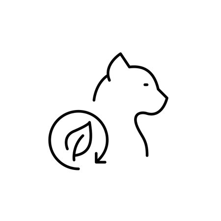 Cat profile view and leaf in recycling arrow. Natural pet care, eco-friendly sustainable products and practices. Pixel perfect, editable stroke vector iconのイラスト素材