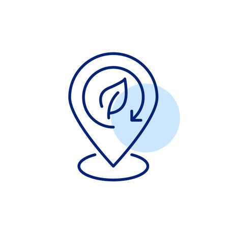 Map pointer with green leaf in recycling arrow. Recycling pick up point location, eco conscious hotel or business. Pixel perfect, editable stroke vector iconのイラスト素材