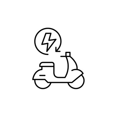 Motorbike, lightning and renew arrow. Clean energy sources, personal transportation for rent or taxi service. Pixel perfect, editable stroke vector iconのイラスト素材