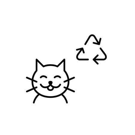 Happy cat and recycling arrows. Sustainable living, eco-friendly products for pets. Pixel perfect, editable stroke vector iconのイラスト素材