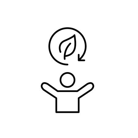 Happy person with raised arms and leaf in recycling arrow. Eco-conscious choices, sustainable living and green community. Pixel perfect, editable stroke vector iconのイラスト素材