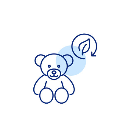Teddy bear and leaf in recycling arrow. Children toys and products made of eco friendly naturals materials. Pixel perfect, editable stroke vector iconのイラスト素材