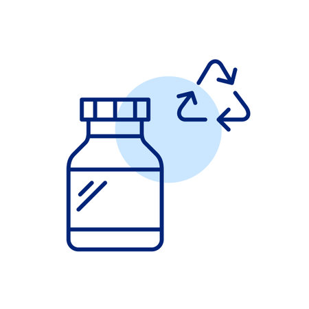 Medication bottle and recycling arrows. Eco-conscious prescription and packaging. Pixel perfect, editable stroke vector iconのイラスト素材
