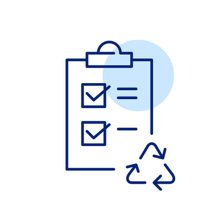 Checklist on clipboard and recycling arrows. Sustainable practices, eco checkup. Pixel perfect, editable stroke vector iconのイラスト素材