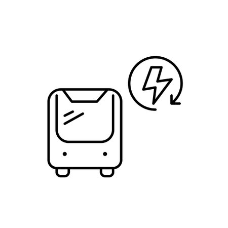 Bus and lightning in renew arrow. Renewable energy sources, efficient and clean urban transportation. Pixel perfect, editable stroke vector iconのイラスト素材