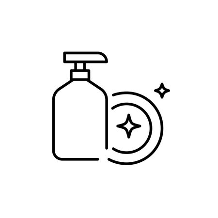 Bottle of dishwashing detergent and stars. Squeaky clean dishes. Pixel perfect, editable stroke vector iconのイラスト素材
