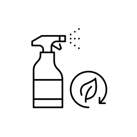 Green cleaning, detergent bottle with spray and leaf in recycling arrow. Sustainable living. Environment conscious. Pixel perfect, editable stroke vector iconのイラスト素材