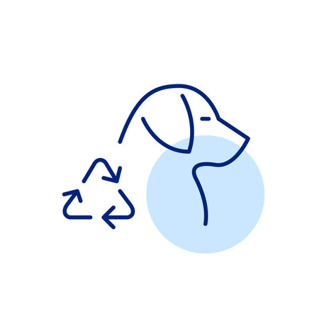 Dog profile and recycling arrows. Sustainable living, eco-friendly products for pets. Pixel perfect, editable stroke vector iconのイラスト素材