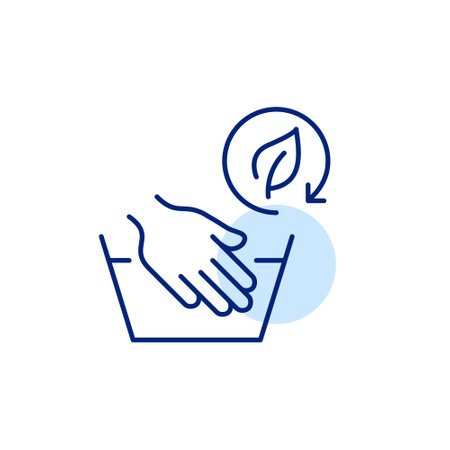Hand washing clothing and leaf in recycling arrow. Sustainable wash, eco laundry and green detergent. Pixel perfect, editable stroke vector iconのイラスト素材