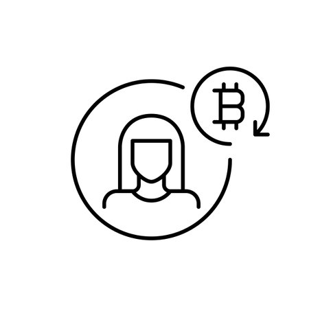Woman avatar and bitcoin in renew arrow. Crypto wallet user, synchronization and automation. Pixel perfect, editable stroke vector iconのイラスト素材