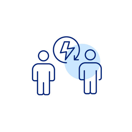 Two people with lightning in renew arrow. Energy conservation, green future sustainable behavior. Pixel perfect, editable stroke vector iconのイラスト素材