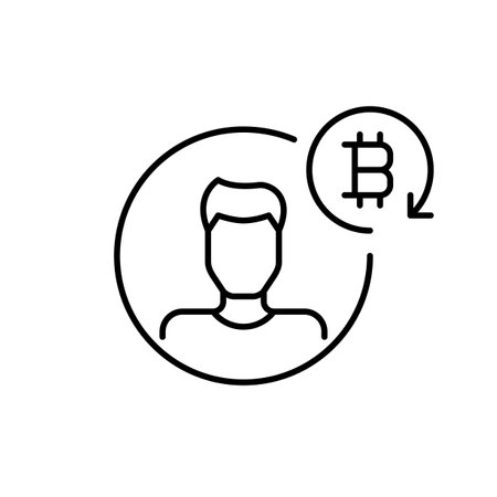 Man avatar and bitcoin in renew arrow. Crypto wallet user, synchronization and automation. Pixel perfect, editable stroke vector iconのイラスト素材