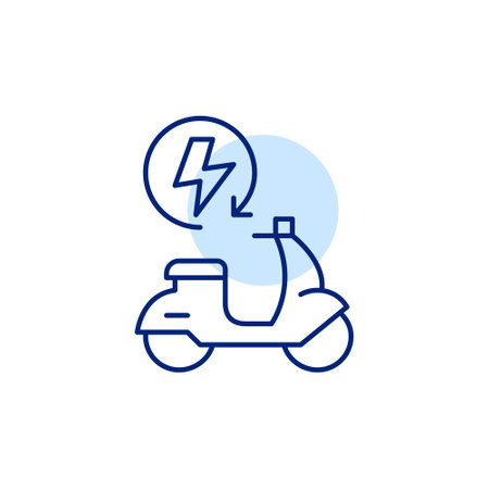 Motorbike, lightning and renew arrow. Clean energy sources, personal transportation for rent or taxi service. Pixel perfect, editable stroke vector iconのイラスト素材
