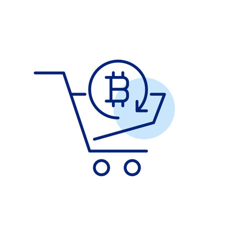 Shopping cart and bitcoin in refresh arrow. Spending and savings, online store. Pixel perfect, editable stroke vector iconのイラスト素材