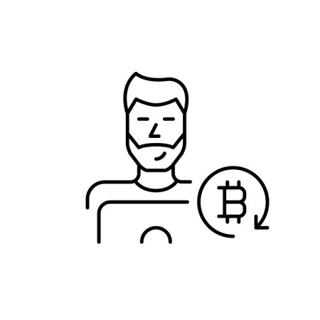 Man at laptop and bitcoin in refresh arrow, cryptocurrency mining or workstation. Pixel perfect, editable stroke vector iconのイラスト素材