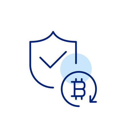 Shield with checkmark and bitcoin with refresh arrow. Identity and transaction verification for cryptocurrency. Pixel perfect, editable stroke iconのイラスト素材