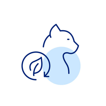 Cat profile view and leaf in recycling arrow. Natural pet care, eco-friendly sustainable products and practices. Pixel perfect, editable stroke vector iconのイラスト素材