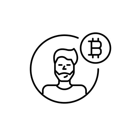 Crypto user avatar. Young man with beard and bitcoin symbol. Blockchain access, investment and trading. Pixel perfect, editable stroke vector iconのイラスト素材
