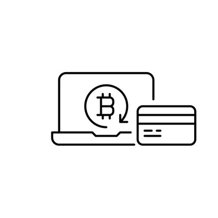 Laptop, credit card and bitcoin in refresh arrow. Crypto wallet reload, payment and digital financial transactions. Pixel perfect, editable stroke vector iconのイラスト素材