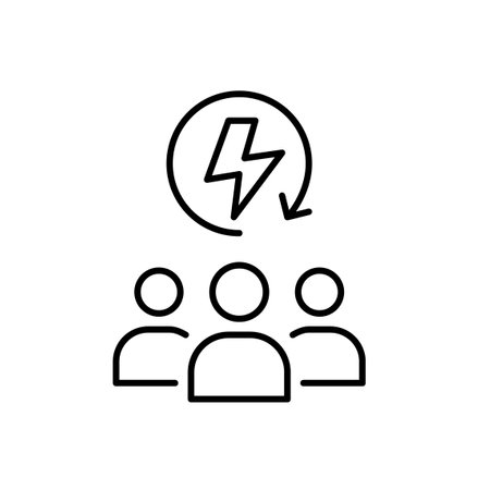 Group of people and lightning in renew arrow. Energy conservation and green sources community. Pixel perfect, editable stroke vector iconのイラスト素材