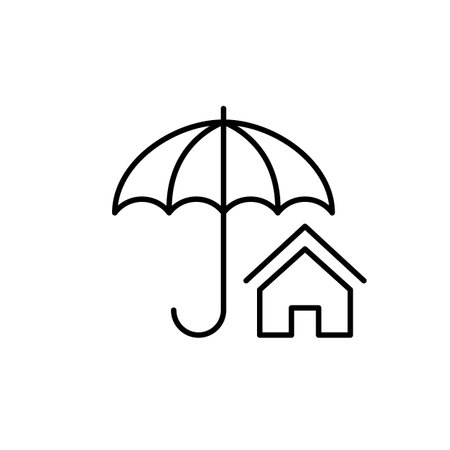 Open umbrella and house. Secure living space. Comprehensive home coverage. Family insurance. Pixel perfect, editable stroke vector iconのイラスト素材
