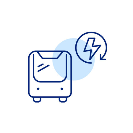 Bus and lightning in renew arrow. Renewable energy sources, efficient and clean urban transportation. Pixel perfect, editable stroke vector iconのイラスト素材