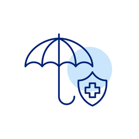 Open umbrella and medical insurance. Healthcare protection. Comprehensive coverage and security. Pixel perfect, editable stroke vector iconのイラスト素材