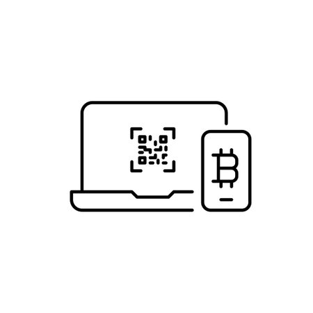 Laptop with qr code, bitcoin and smartphone. Crypto wallet reload, secure digital transactions. Pixel perfect, editable stroke vector iconのイラスト素材
