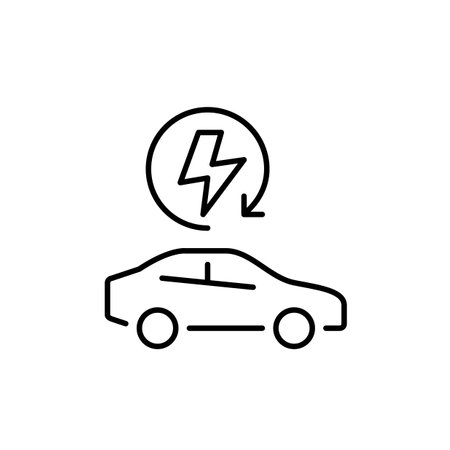 Car side view and renewable electricity arrow. Alternative fuel. Pixel perfect, editable stroke vector iconのイラスト素材