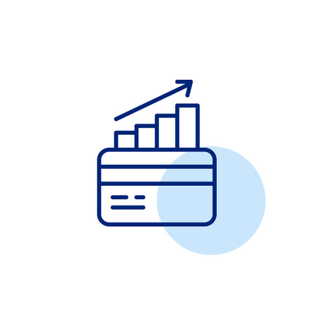Credit card with growing statistics bars and arrow up. Financial growth and success. Cash back and deposit interest. Pixel perfect, editable stroke vector iconのイラスト素材