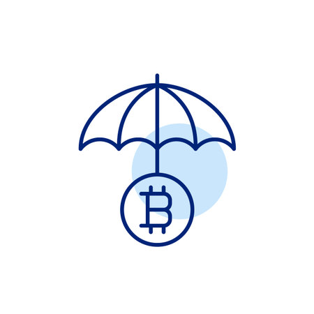 Open umbrella and bitcoin symbol. Crypto assets secure allocation. Pixel perfect, editable stroke vector iconのイラスト素材