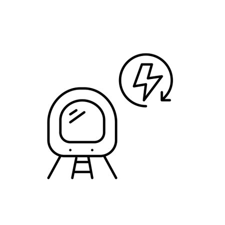 Subway train on tracks and lightning in renew arrow. Sustainable transportation, urban living. Pixel perfect, editable stroke vector iconのイラスト素材