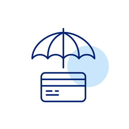 Credit card under open umbrella. Secure payments, safe spendings and financial protection. Pixel perfect, editable stroke vector iconのイラスト素材