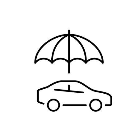 Car under open umbrella. Road assistance, comprehensive vehicle coverage. Pixel perfect, editable stroke vector iconのイラスト素材